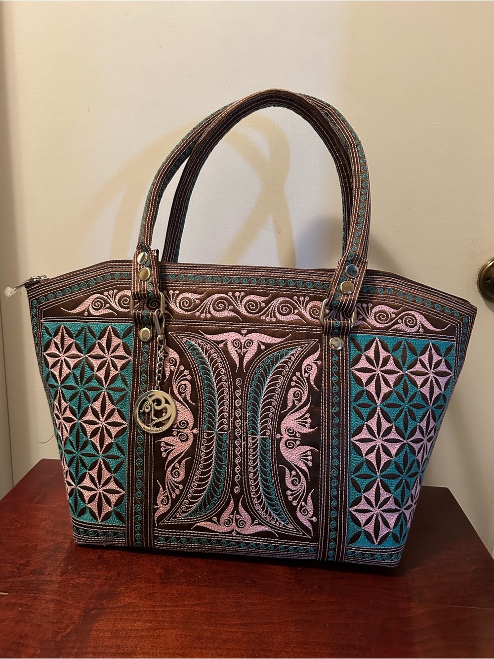 Embroidered Tote Bag in Pink and Teal with Brown Accents